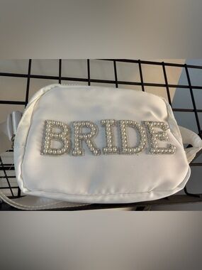 Francesca's  White Pearl-BRIDE Embellished Cross Fanny Pack Bag